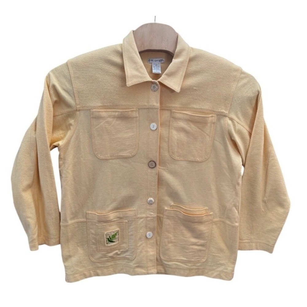 Vintage CA Sport Yellow Cotton Chore Jacket Button Down Embroidered Leaf Large